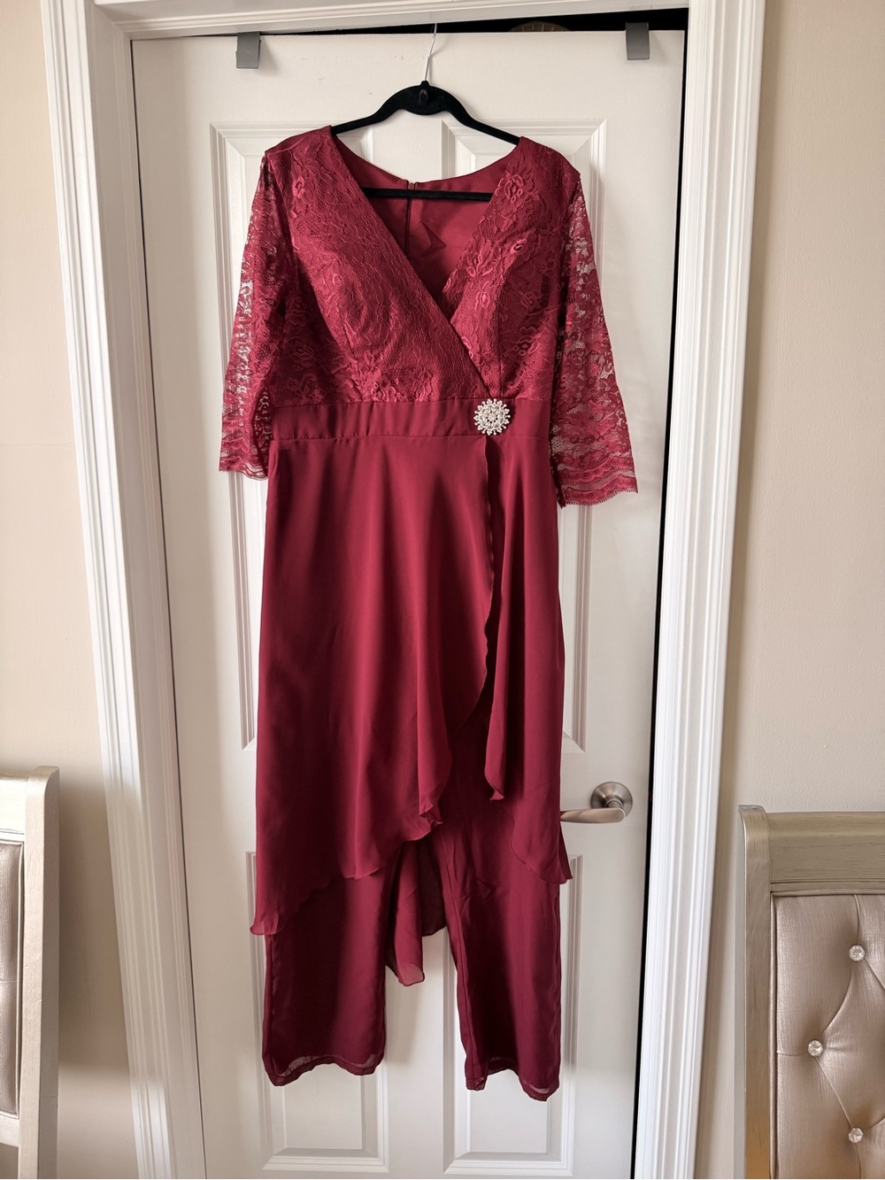 Burgundy Lace Wrap Jumpsuit with Brooch